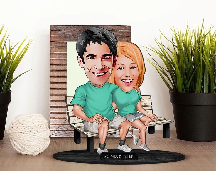 Green Shirt Couble Couple Caricature Sculpture